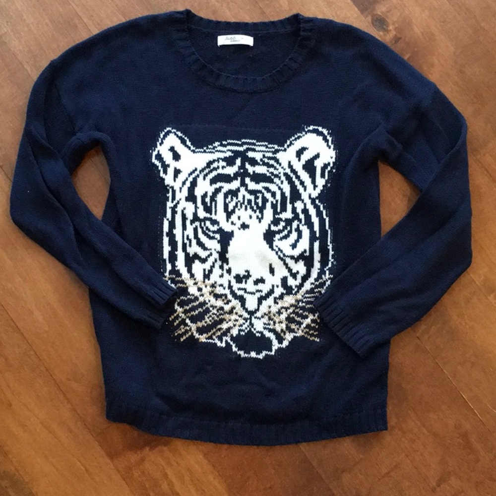 Blue sweater with tiger face on it